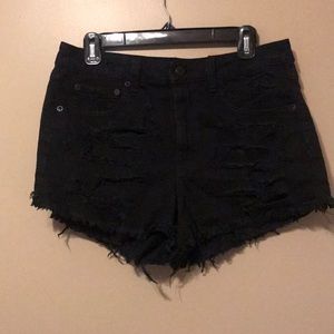 Black distressed denim shorts